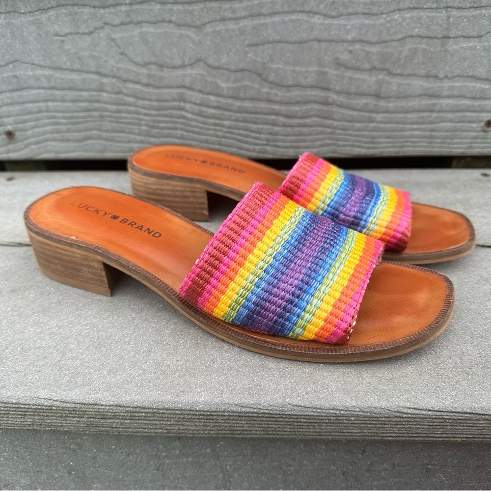 Lucky Brand Women's Frijana Rainbow Slide Block Sandals Textile Summer Pride